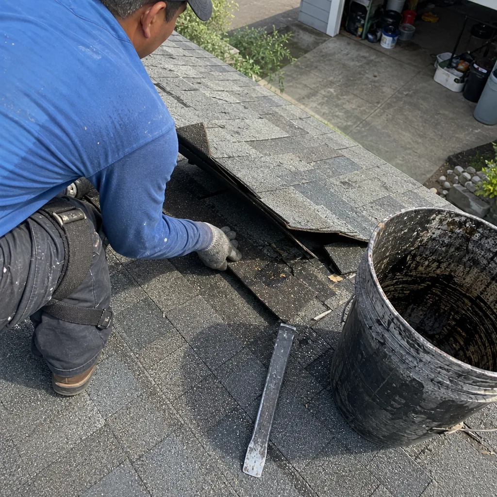 Contractor performing professional shingle roof repair with a pry bar
