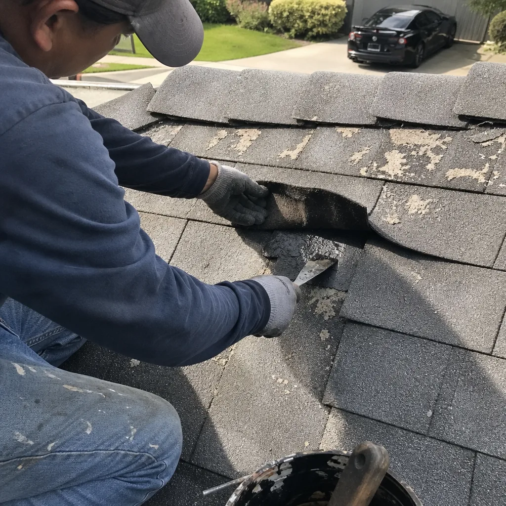 Professional roofer repairing damaged asphalt shingles on a roof