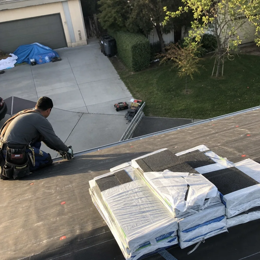 Professional roofer performing a residential roof replacement with new shingle bundles