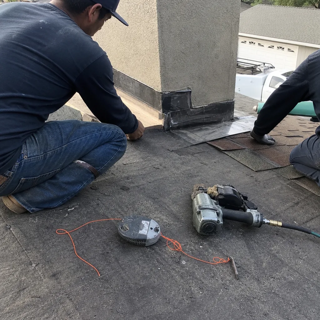 Roofers installing chimney flashing on a residential roof