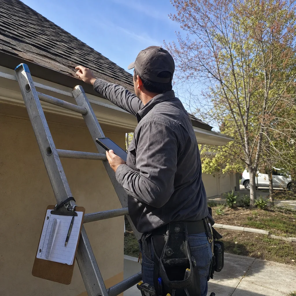 Roofing professional inspecting residential roof shingles while using a digital tablet