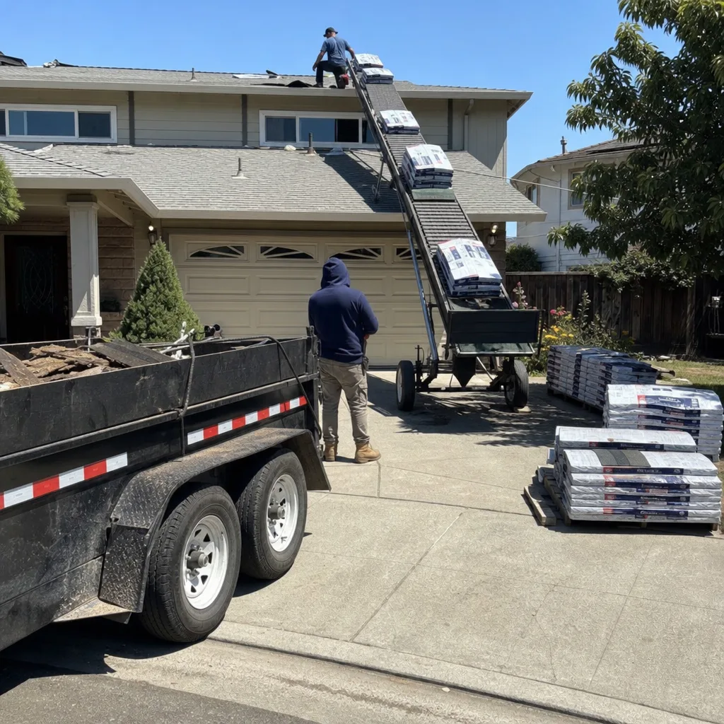 Roofing crew using a conveyor system to lift shingles onto a roof